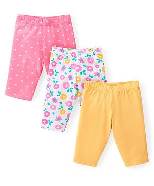 Babyhug Cotton Lycra Knit Three Fourth Leggings with  Floral & Polka Dots Print Pack of 3 - Yellow White & Pink