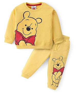 Babyhug Disney Terry Knit Full Sleeves Sweatshirt & Jogger With Winnie the Pooh Graphics and Sherpa Sleeves Detailing - Yellow