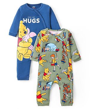 Babyhug Disney Interlock Knit Full Sleeves Rompers With Winnie the Pooh Graphics Pack of 2 - Navy Blue & Olive Green