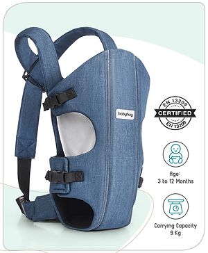 Babyhug Travel Nest Baby Carrier - 100% Polyester, 3 Carrying Positions (Inward Facing, Outward Facing, Back Carrying), Adjustable Straps, Lightweight Free Size (3.5-9kg, 3-12 Months), Hand Washable - Blue
