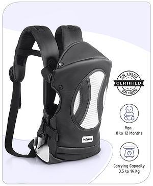 Babyhug Fortune Baby Carrier - 100% Polyester, 4 Positions (Horizontal, Inward, Outward, Back), Ergonomic for 0-12 Months (3.5-14 kg), Adjustable Waistband, Lightweight, Free Size, Hand Washable - Black