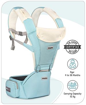 Babyhug Little Voyager Hip Seat Baby Carrier - 100% Polyester, 3 Positions (Inward, Outward, Back Carrying), Ergonomic Design for 4-36 Months (3.5-14.9kg), Adjustable Lumbar Belt, Lightweight, Free Size, Hand Washable - Blue