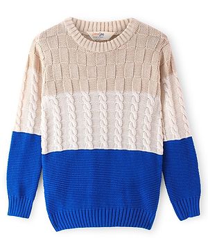 Primo Gino 100% Cotton Knit Full Sleeves Pullover Sweater with Colour Block & Cable Knit Design - Blue