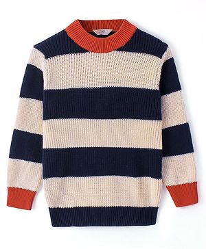 Primo Gino 100% Cotton Knitted Full Sleeve Pullover Sweater With Stripes Design - White & Navy Blue