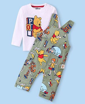 Babyhug Disney Single Jersey Knit Dungaree with Full Sleeve T-Shirt Winnie The Pooh Print - Olive Green & White