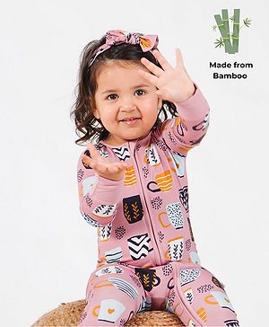 THE PLUSH CLUB Bamboo Full Sleeves Cups Printed Romper - Pink