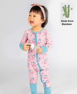 THE PLUSH CLUB Bamboo Full Sleeves Animal Owl Printed Romper - Pink