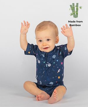 THE PLUSH CLUB Bamboo Half Sleeves Space Rocket Printed Romper - Blue