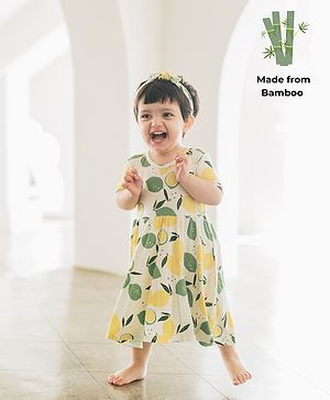 THE PLUSH CLUB Bamboo Half Sleeves Lemon Printed Dress - Yellow