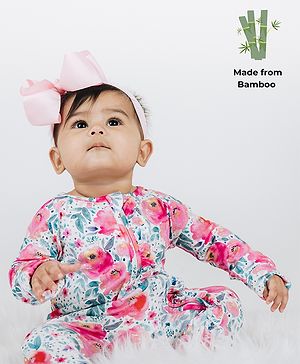 THE PLUSH CLUB Bamboo Full Sleeves Pink Flower Printed Romper- Pink