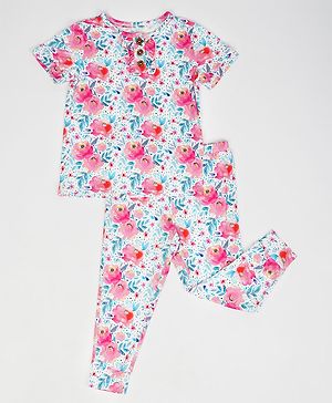 THE PLUSH CLUB Bamboo Woven  Half Sleeves  Flower Printed Tee & Pajama Set - Pink