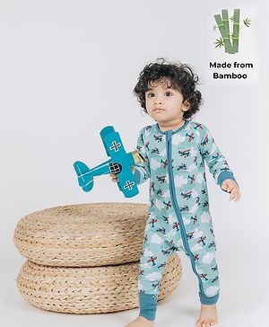 THE PLUSH CLUB Bamboo Full Sleeves Aeroplane Jet Printed Romper - Blue