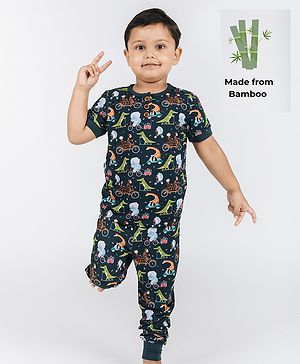 THE PLUSH CLUB Bamboo Woven  Half Sleeves Animal Safari Printed  Tee & Pajama Set - Dark Blue