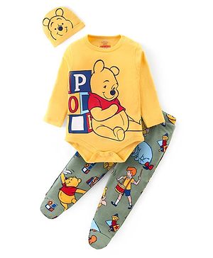Babyhug Disney Interlock Knit Full Sleeves Onesie with Leggings and Cap Winnie The Pooh Graphic -Yellow & Light Green