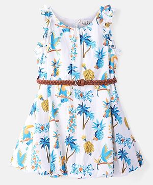 Arias Cotton Woven Sleeveless Balloon Dress with Belt Detailing & Tropical Theme Print - Offwhite