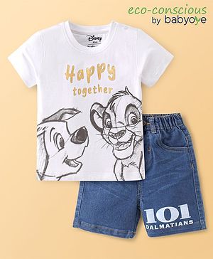 Babyoye Disney Single Jersey Knit Half Sleeves T-Shirt & Denim Shorts Set With The Lion King & 101 Dalmatians Graphics - White