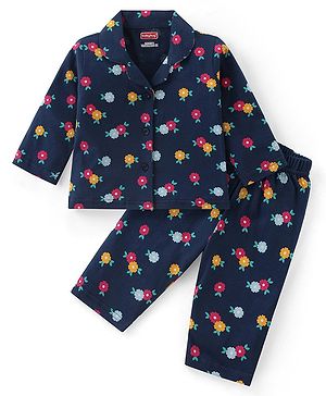 Babyhug Cotton Knit Full Sleeves Collar Neck Night Suit with Floral Print - Navy Blue