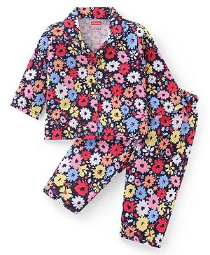 Babyhug Cotton Knit Full Sleeves Night Suit With Floral Print - Navy