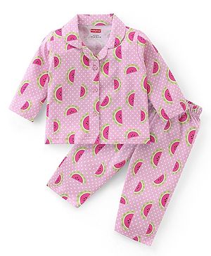 Babyhug Cotton Knit Full Sleeves Night Suit With Watermelon & Polka Dots Print - Pink