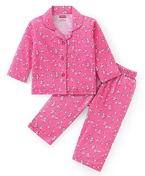 Babyhug Cotton Knit Full Sleeves Collar Neck Night Suit with Floral Print - Pink