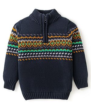 Bonfino 100% Cotton Knitted Full Sleeves High Neck Pullover Sweater with Aztec Design - Navy Blue