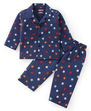 Babyhug Cotton Knit Full Sleeves Collar Neck Night Suit with Star Print  - Navy Blue