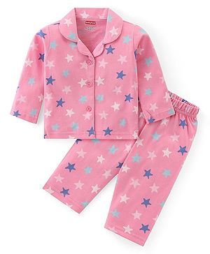 Babyhug Cotton Knit Full Sleeves Collar Neck Night Suit with Star Print - Pink