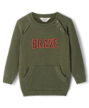 Bonfino Cotton Knitted Full Sleeves Pullover Sweater With Text Embroidery & Kangaroo Pockets - Olive Green