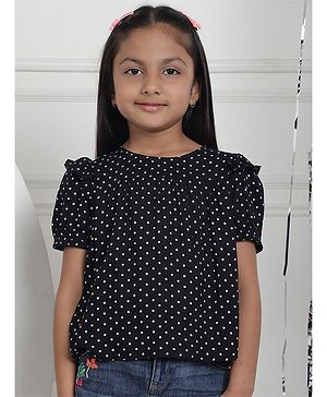 Mini & Ming Rayon Half Sleeves Polka Dot Printed Pleated Top - Black