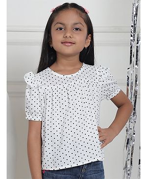 Mini & Ming Rayon Half Sleeves Polka Dot Printed Pleated Top - White