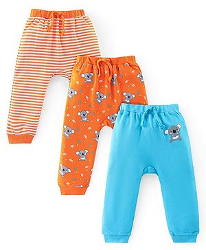 Babyhug Cotton Knit Full Length Diaper Leggings with Stripes & Koala Print Pack of 3 - Blue & Orange