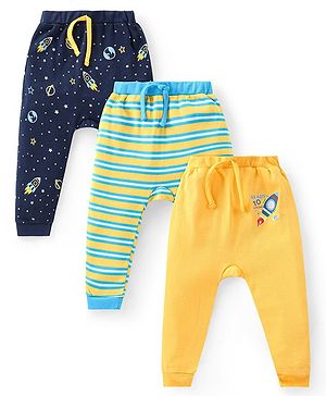 Babyhug Cotton Knit Full Length Striped Diaper Pants with Space Theme Print Pack of 3 - Multicolour