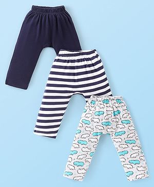 Babyhug  Cotton Knit Full Length Diaper Leggings with Stripes & Dino Print Pack of 3 - Multicolor