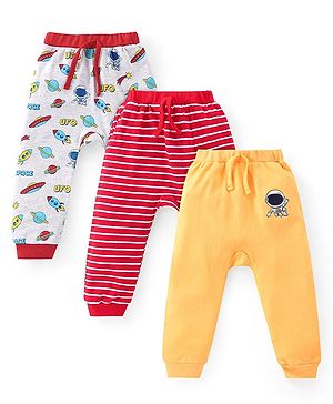 Babyhug Cotton Knit Full Length Striped  Diaper Pants with Space Theme Print Pack of 3 - Multiclour