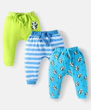 Babyhug Cotton Knit Full Length Diaper Pants Striped & Animal Print Pack Of 3 - Blue & Neon Green