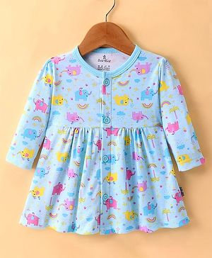 Child World Interlock Knit Full Sleeves Front Open Frock with Elephant Print - Sky Blue