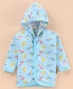 Child World Interlock Knit Full Sleeves Hooded Front Open Vest Dino Print - Sky Blue
