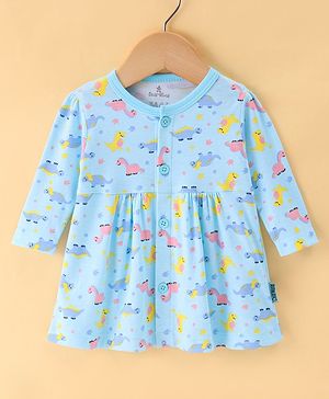 Child World Interlock Knit Full Sleeves Front Open Frock with Dino Print - Sky