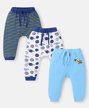 Babyhug Cotton Knit Full Length Diaper Leggings With Stripes & Space Theme Print Pack Of 3 - Navy White & Light Blue