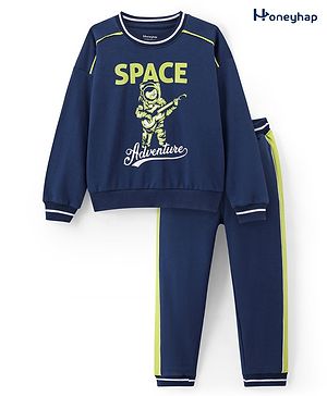 Honeyhap Premium 100% Cotton Knit Full Sleeves Oversized Winter Wear Suit With Bio Finish Space Adventure Print - Navy & Lime