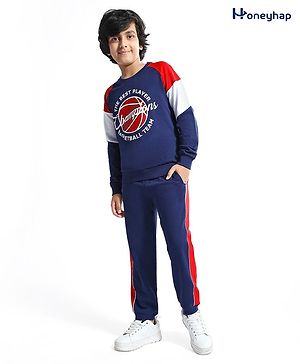 Honeyhap Premium 100% Cotton Knit Raglan Sleeves Oversize Winter Wear Suit With Bio Finish & Basketball Print - Navy & Red