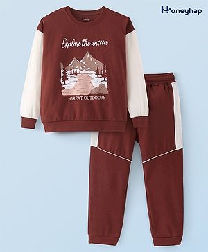 Honeyhap Premium 100% Cotton Knit Full Sleeves Oversize T-Shirt & Lounge Pants Set With Mountain Print - Brown Cream