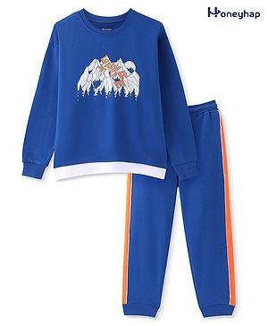 Honeyhap Premium 100% Cotton Knit Full Sleeves Oversize T-Shirt & Lounge Pants Set With Bio Finish Explorer Print - Blue Quartz Orange & White