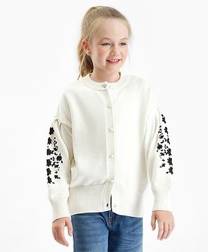 Primo Gino 100% Cotton Knit Full Sleeves Cardigan With Floral Emroidery on Sleeves - Off White