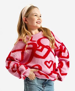 Primo Gino Knitted Full Sleeves Pullover Sweater With Hearts Design - Pink