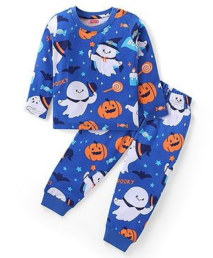 Babyhug Cotton Knit Full Sleeves Night Suit With Halloween Theme - Navy Blue
