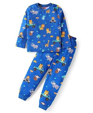 Babyhug Cotton Knit Full Sleeves Night Suit With Animals Print - Blue