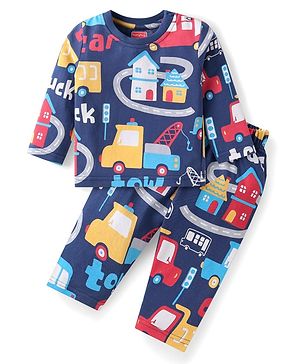 Babyhug Cotton Knit Full Sleeves Night Suit with Vehicle Print - Blue