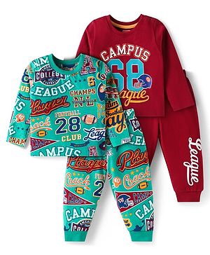 Babyhug Cotton Knit Full Sleeves Night Suits with Sports Print  Pack of 2 - Brown & Green
