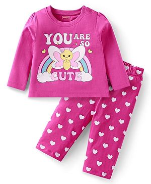 Babyhug Cotton Knit Full Sleeves Night Suit With Butterfly & Text Print - Pink